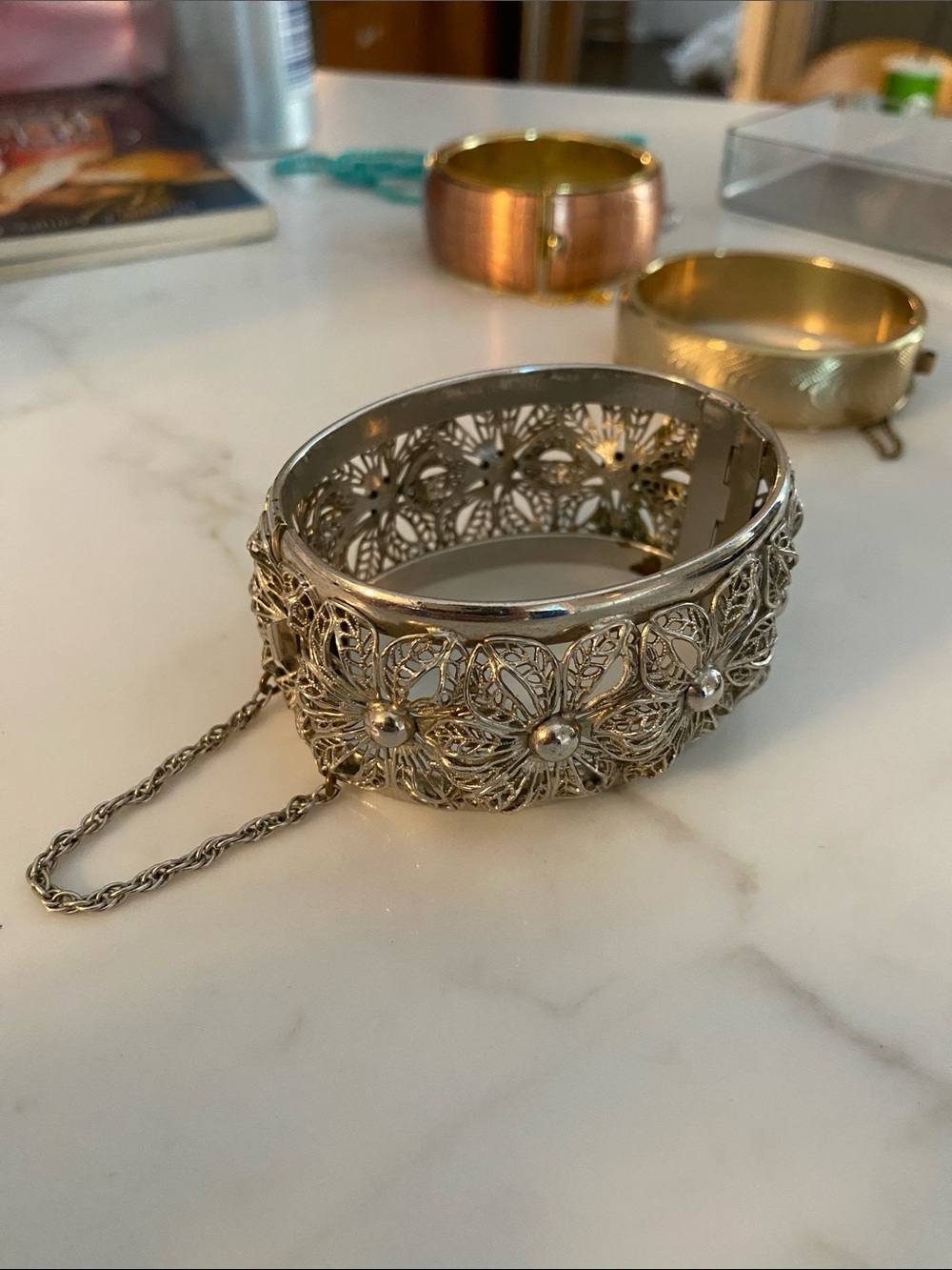 Silver Filigree Flower Bangle Bracelet